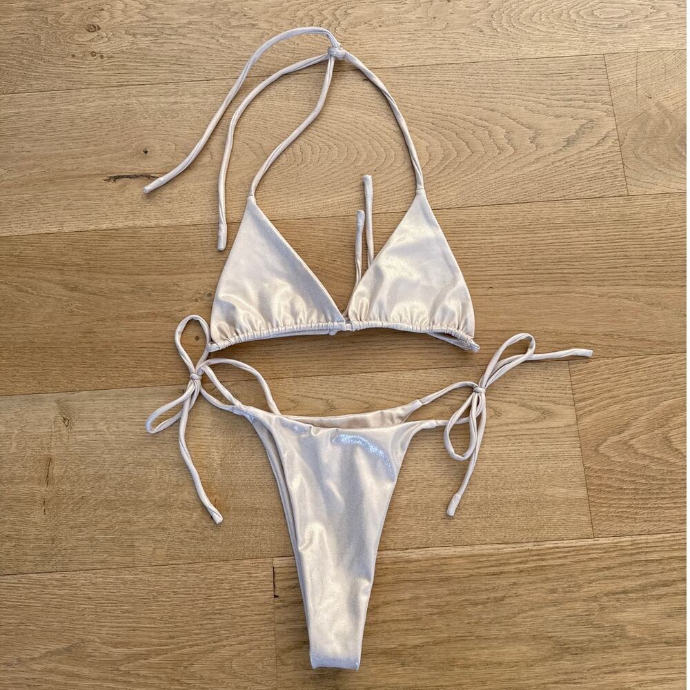 Aexae - Tyra Halter tie Bikini Top & Side Tie Bottoms in Metallic Champagne Gold
